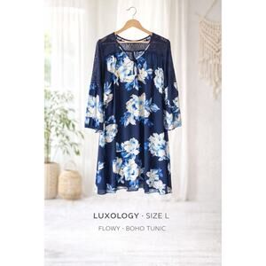 Luxology Floral Tunic Dress Blue Sheer Overlay Lace Detail Size Large